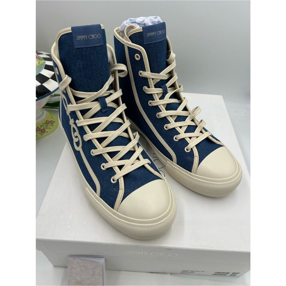 Men's Jimmy Choo high top logo denim sneakers size 43.5 nwt